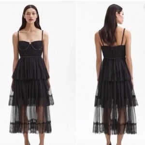 Self-Portrait Black Tiered Mesh Midi Dress with Spaghetti Straps